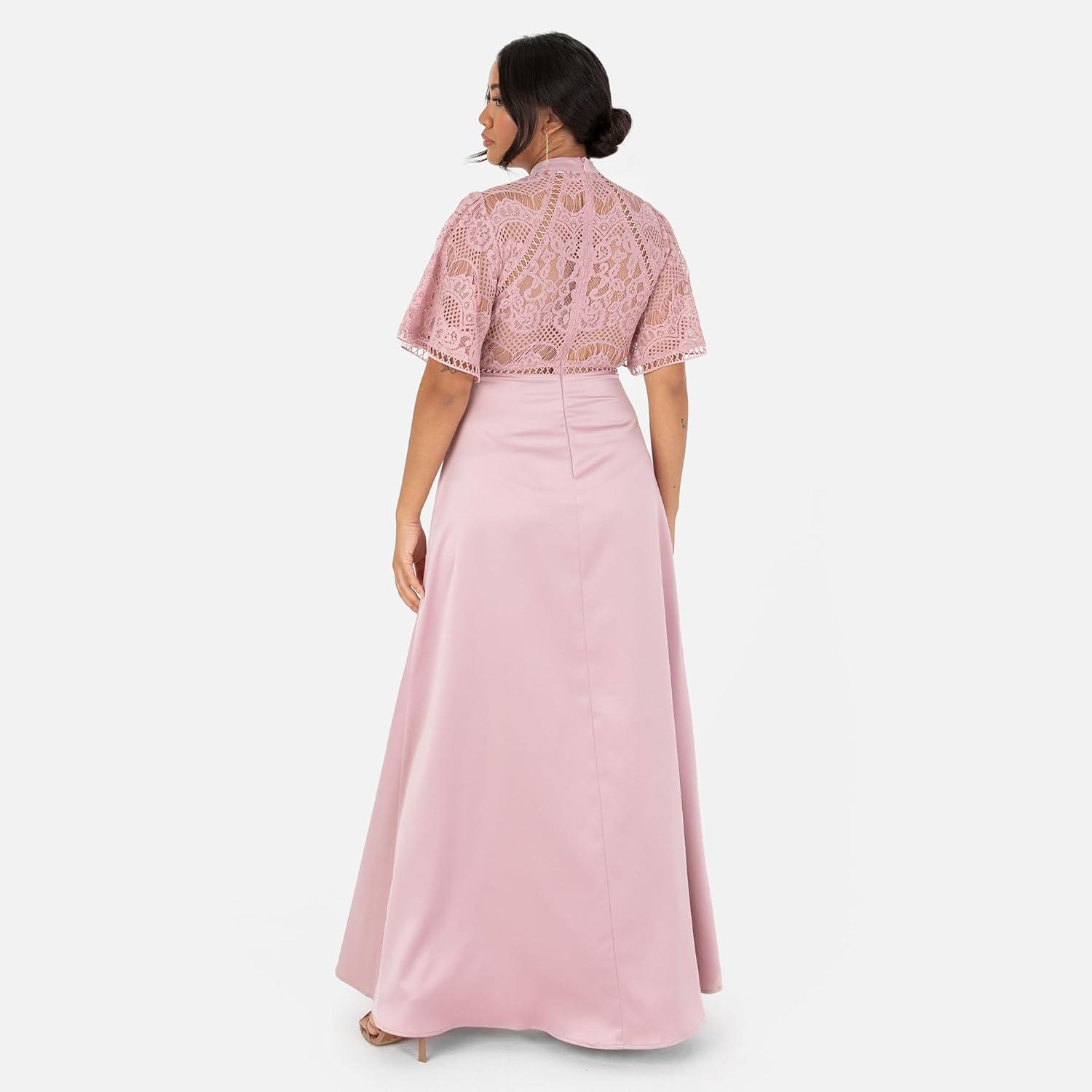 imageMaya Deluxe Womens Ladies Maxi Dress Flutter Sleeve Round Neck Lace Trim Satin for Wedding Guest Evening Occasion Prom Ball Gown Robe FemmeBlush Pink