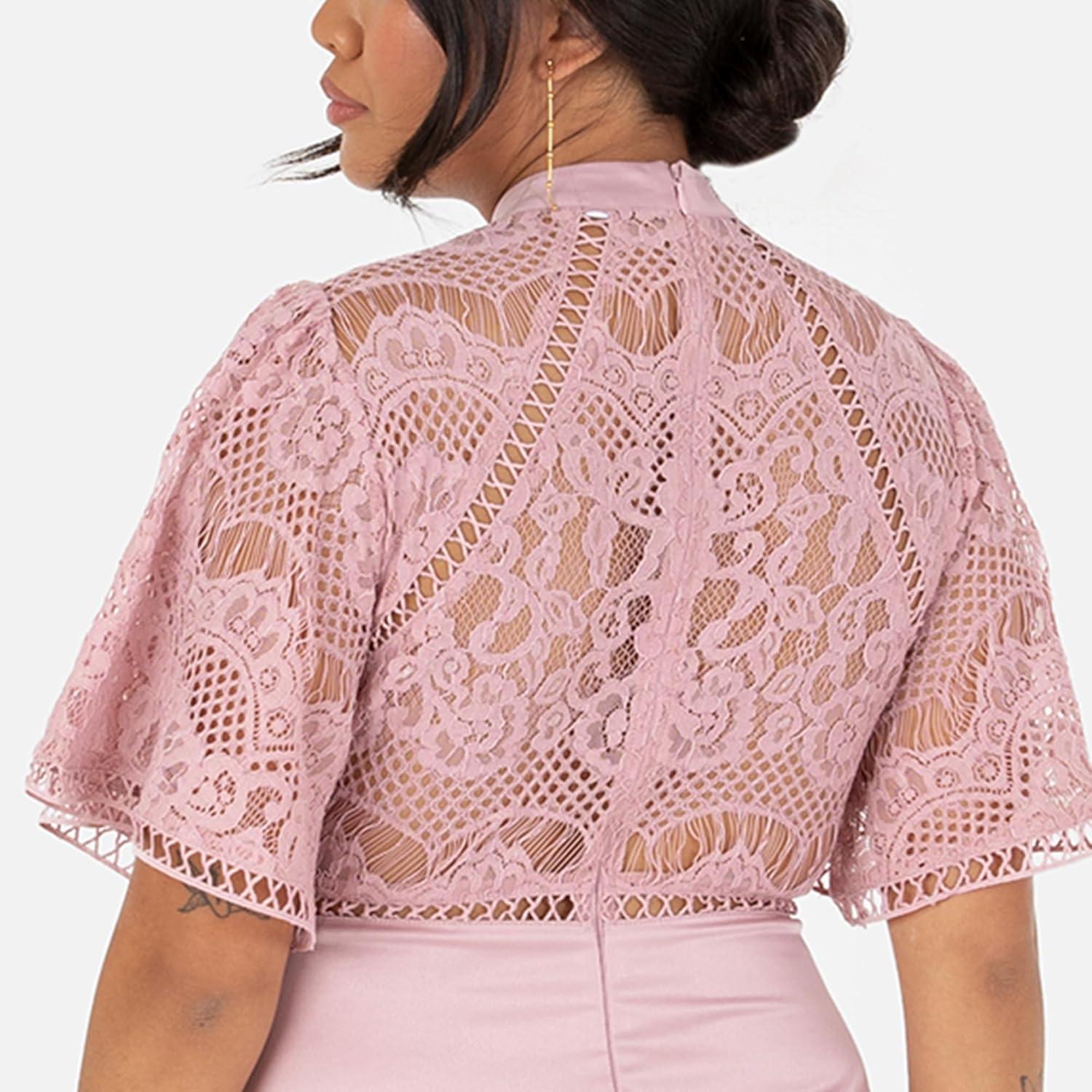 imageMaya Deluxe Womens Ladies Maxi Dress Flutter Sleeve Round Neck Lace Trim Satin for Wedding Guest Evening Occasion Prom Ball Gown Robe FemmeBlush Pink