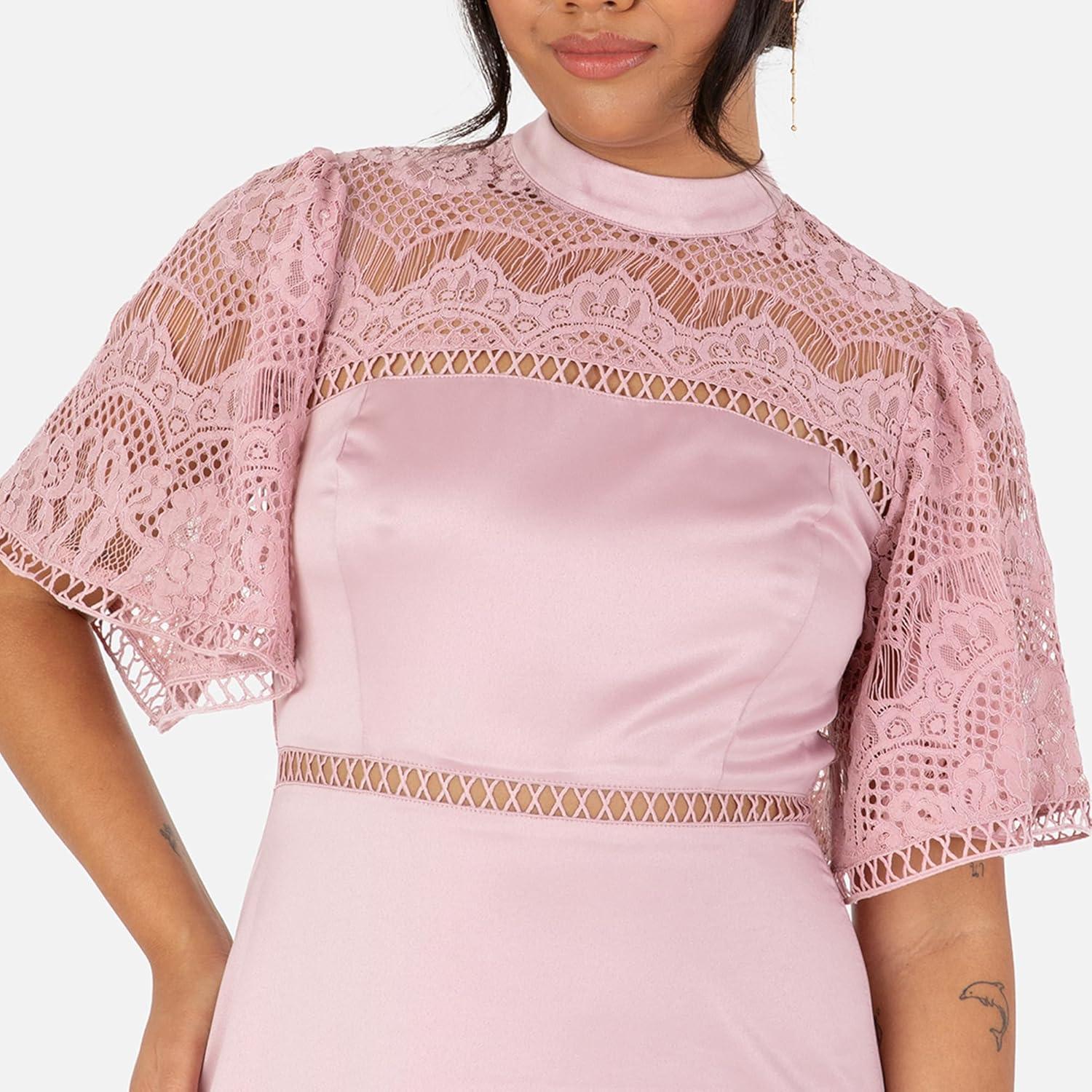 imageMaya Deluxe Womens Ladies Maxi Dress Flutter Sleeve Round Neck Lace Trim Satin for Wedding Guest Evening Occasion Prom Ball Gown Robe FemmeBlush Pink