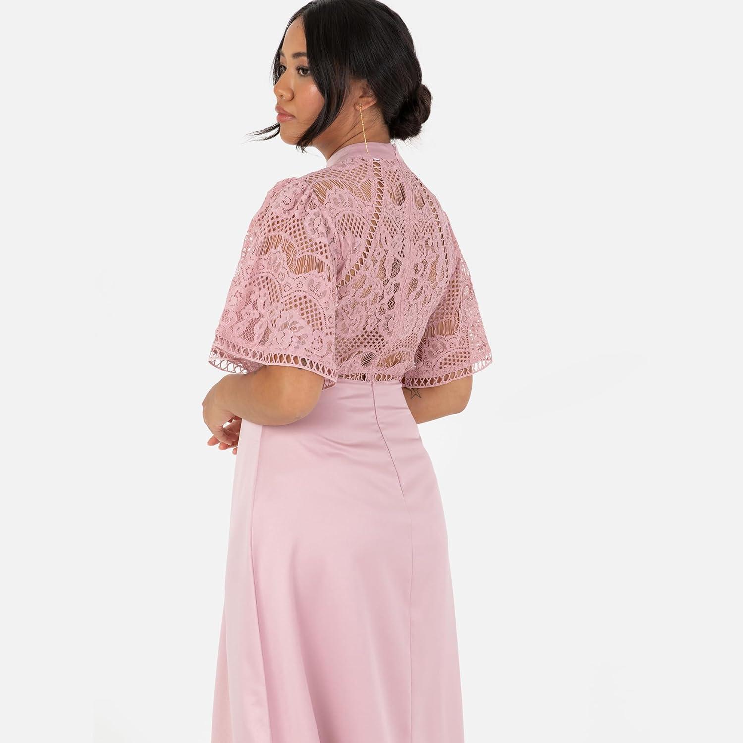 imageMaya Deluxe Womens Ladies Maxi Dress Flutter Sleeve Round Neck Lace Trim Satin for Wedding Guest Evening Occasion Prom Ball Gown Robe FemmeBlush Pink