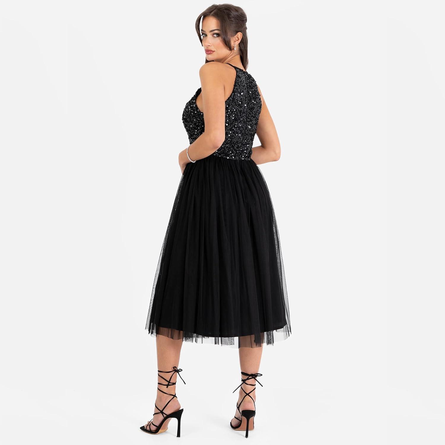 imageMaya Deluxe Womens Ladies Midi Dress with Halter Neck Tulle for Evening Graduation Prom Wedding Bridesmaids Ball Gown Robe de Demoiselle dhonneur FemmeNoir