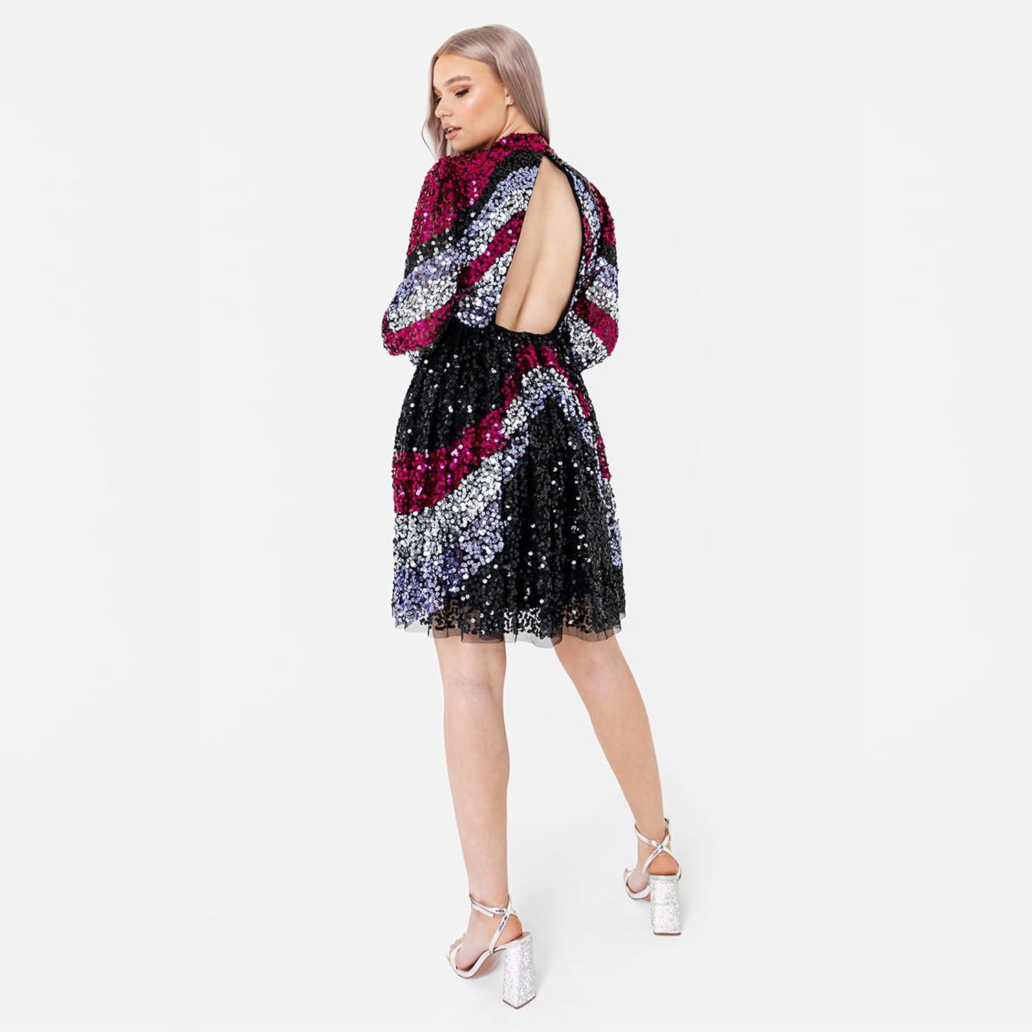 imageMaya Deluxe Womens Ladies Sequin Embellished Dress Mini Long Bishop Sleeve Highneck for Wedding Guest Prom New Years Eve Black Robe FemmeNoir