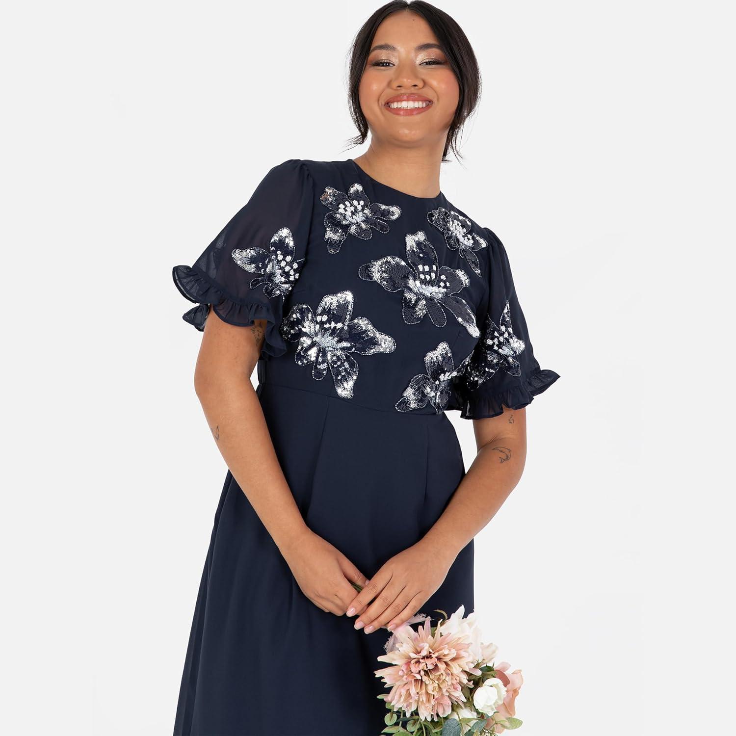 imageMaya Deluxe Womens Maxi Dress Ladies Short Angel Sleeve Round Neck Floral Sequin Embellished ALine for Wedding Guest Ball Gown Robe FemmeNavy Blue