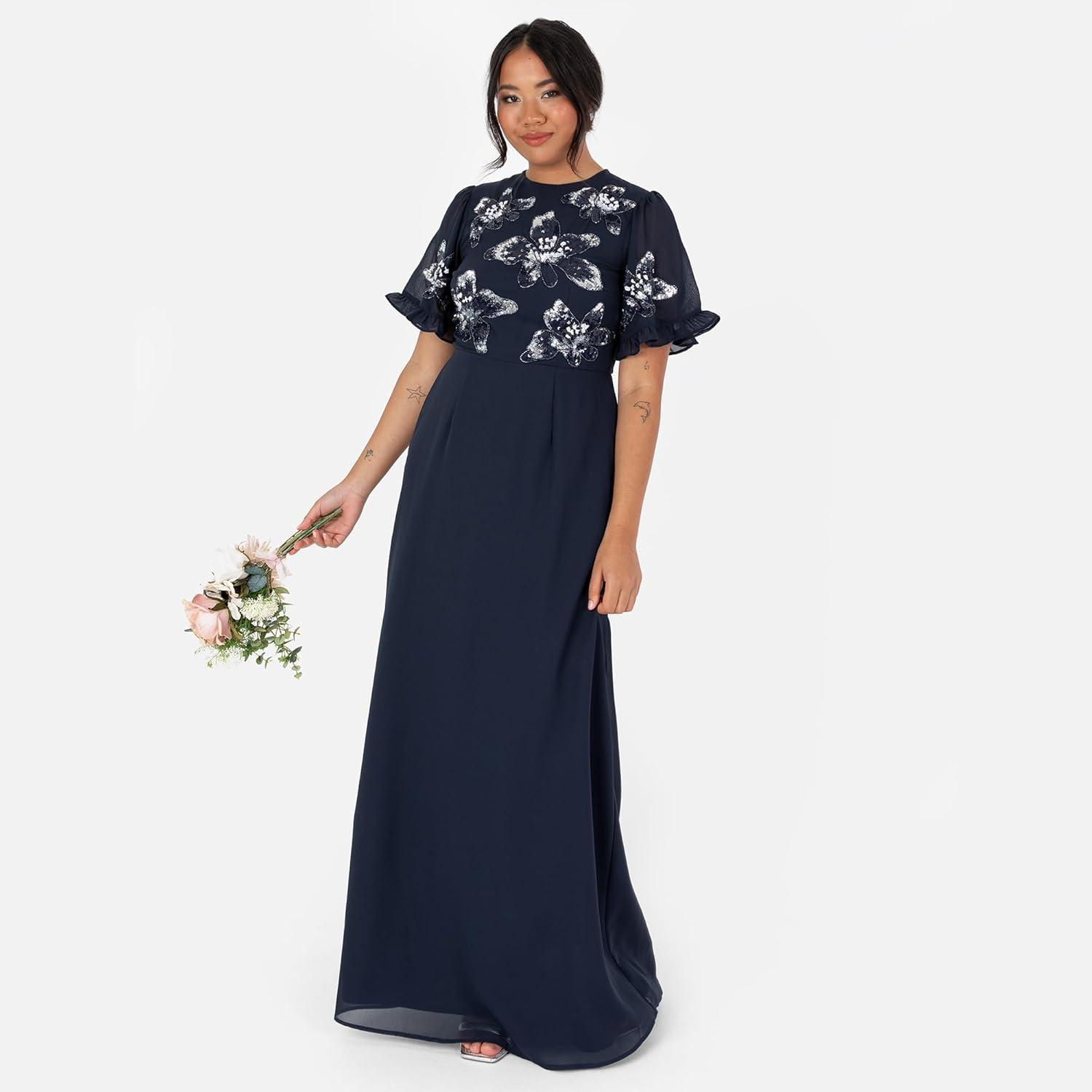 imageMaya Deluxe Womens Maxi Dress Ladies Short Angel Sleeve Round Neck Floral Sequin Embellished ALine for Wedding Guest Ball Gown Robe FemmeNavy Blue