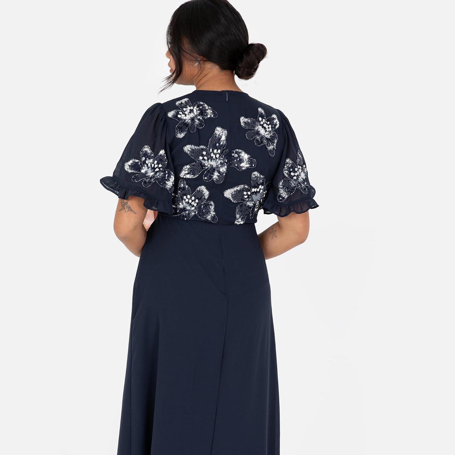 imageMaya Deluxe Womens Maxi Dress Ladies Short Angel Sleeve Round Neck Floral Sequin Embellished ALine for Wedding Guest Ball Gown Robe FemmeNavy Blue