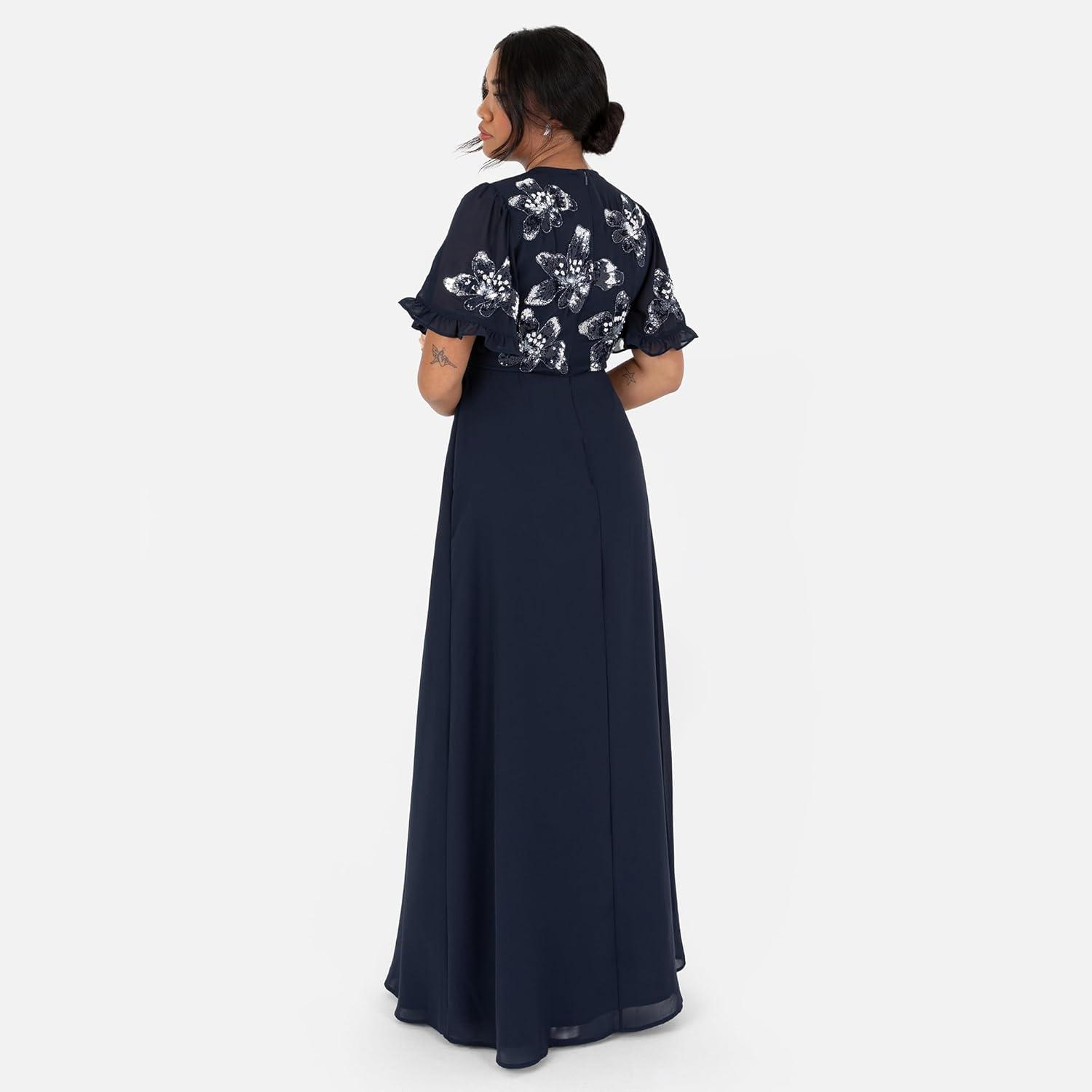 imageMaya Deluxe Womens Maxi Dress Ladies Short Angel Sleeve Round Neck Floral Sequin Embellished ALine for Wedding Guest Ball Gown Robe FemmeNavy Blue