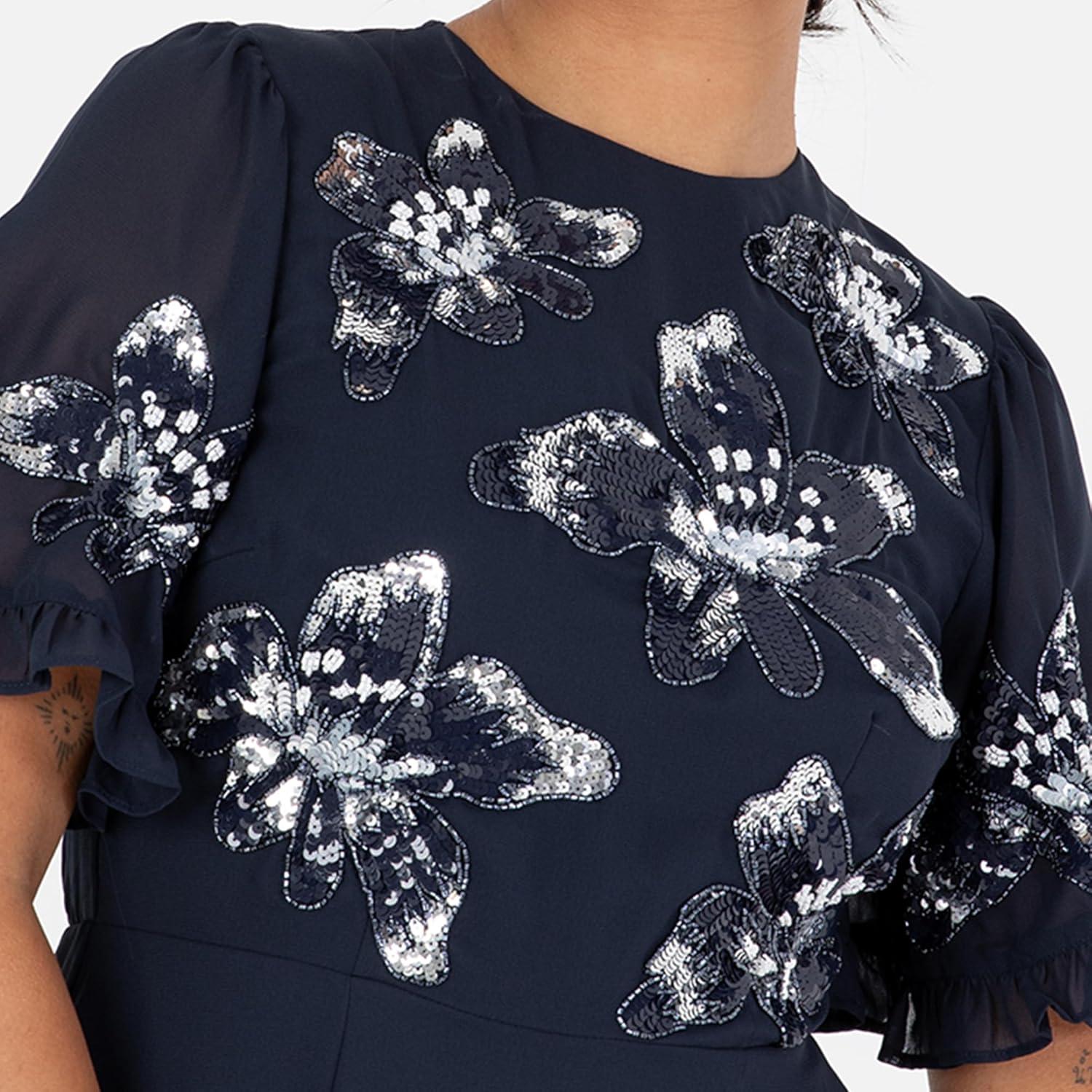 imageMaya Deluxe Womens Maxi Dress Ladies Short Angel Sleeve Round Neck Floral Sequin Embellished ALine for Wedding Guest Ball Gown Robe FemmeNavy Blue