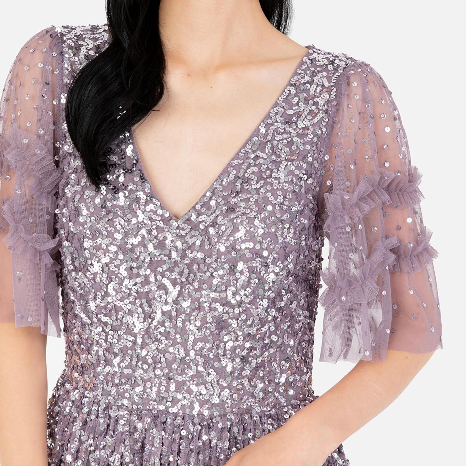 imageMaya Deluxe Womens Maxi Dress Ladies Vnecksequin Embellished Ruffle Detail for Wedding Guest Bridesmaid Prom Occasion Ball Gown FemmeMoody Lilac