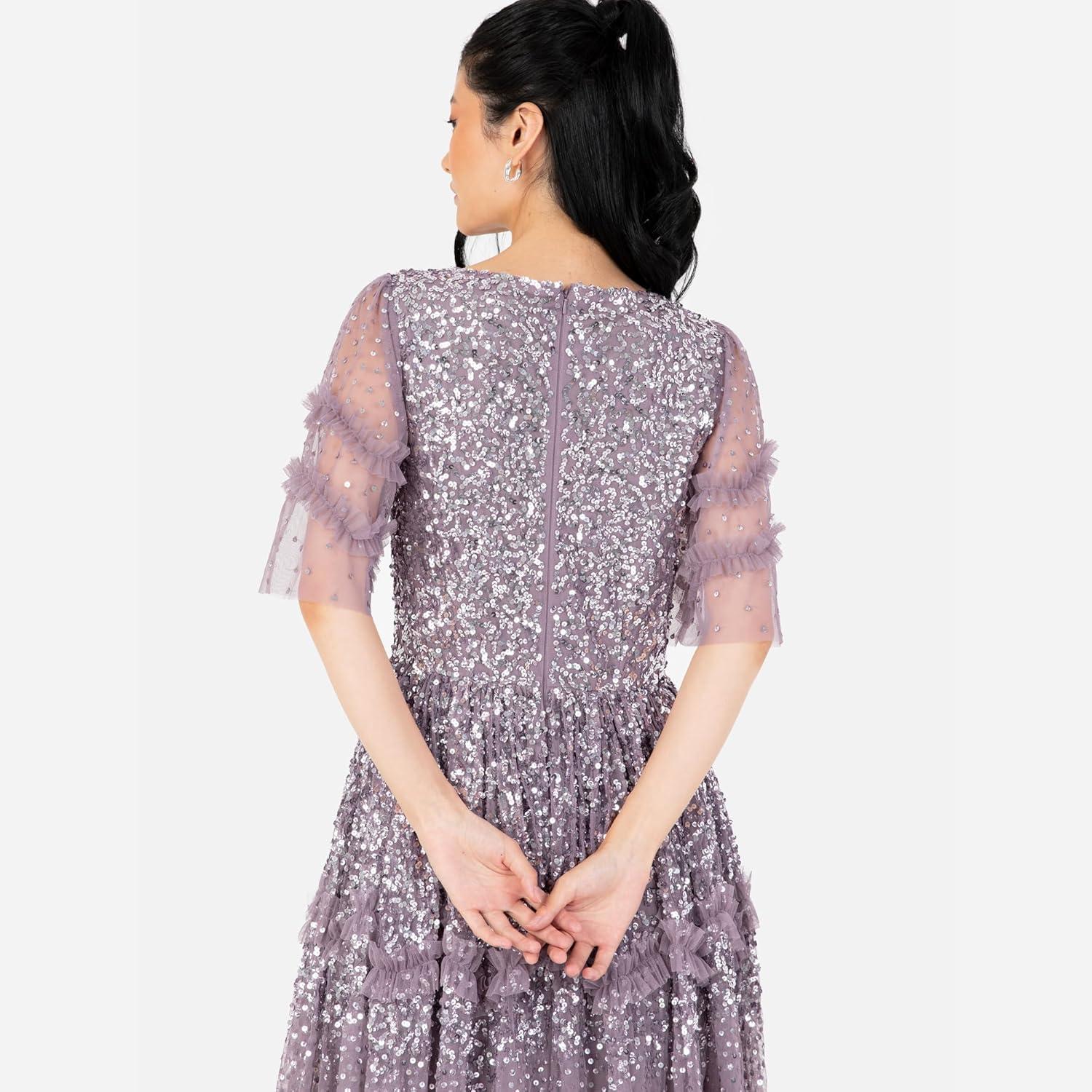 imageMaya Deluxe Womens Maxi Dress Ladies Vnecksequin Embellished Ruffle Detail for Wedding Guest Bridesmaid Prom Occasion Ball Gown FemmeMoody Lilac