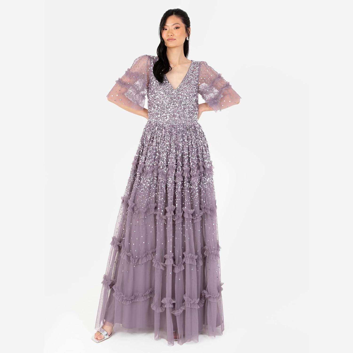 imageMaya Deluxe Womens Maxi Dress Ladies Vnecksequin Embellished Ruffle Detail for Wedding Guest Bridesmaid Prom Occasion Ball Gown FemmeMoody Lilas