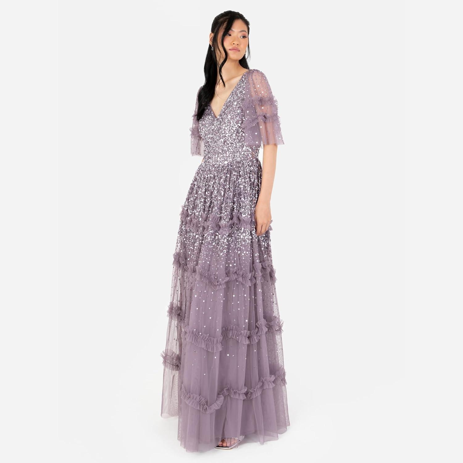 imageMaya Deluxe Womens Maxi Dress Ladies Vnecksequin Embellished Ruffle Detail for Wedding Guest Bridesmaid Prom Occasion Ball Gown FemmeMoody Lilas