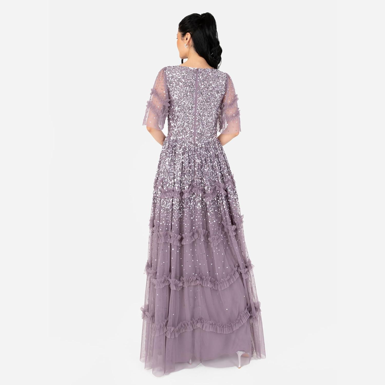 imageMaya Deluxe Womens Maxi Dress Ladies Vnecksequin Embellished Ruffle Detail for Wedding Guest Bridesmaid Prom Occasion Ball Gown FemmeMoody Lilas