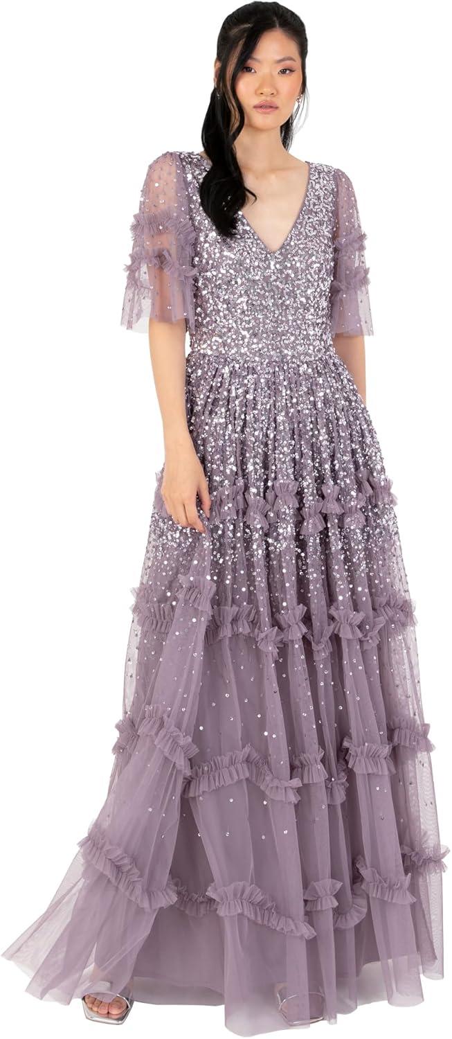 imageMaya Deluxe Womens Maxi Dress Ladies Vnecksequin Embellished Ruffle Detail for Wedding Guest Bridesmaid Prom Occasion Ball Gown FemmeMoody Lilas