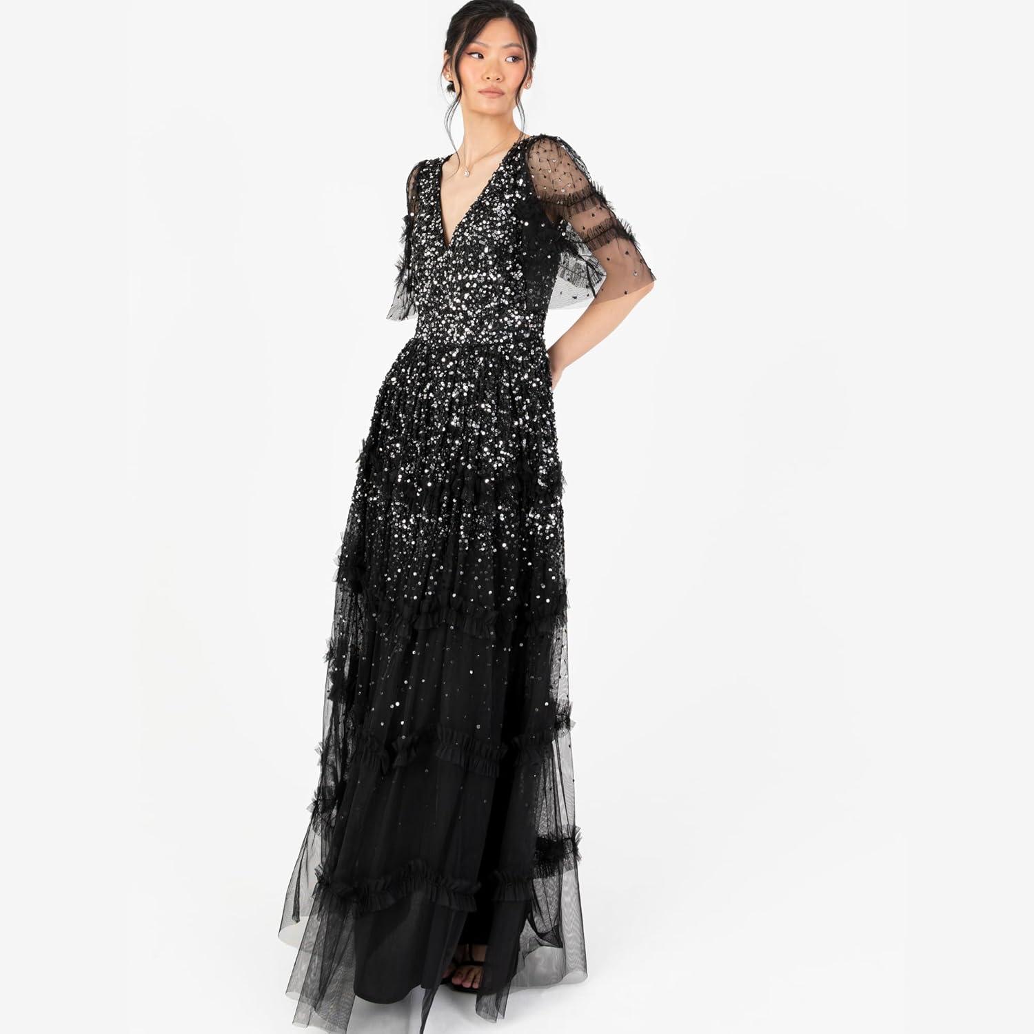 imageMaya Deluxe Womens Maxi Dress Ladies Vnecksequin Embellished Ruffle Detail for Wedding Guest Bridesmaid Prom Occasion Ball Gown FemmeNoir