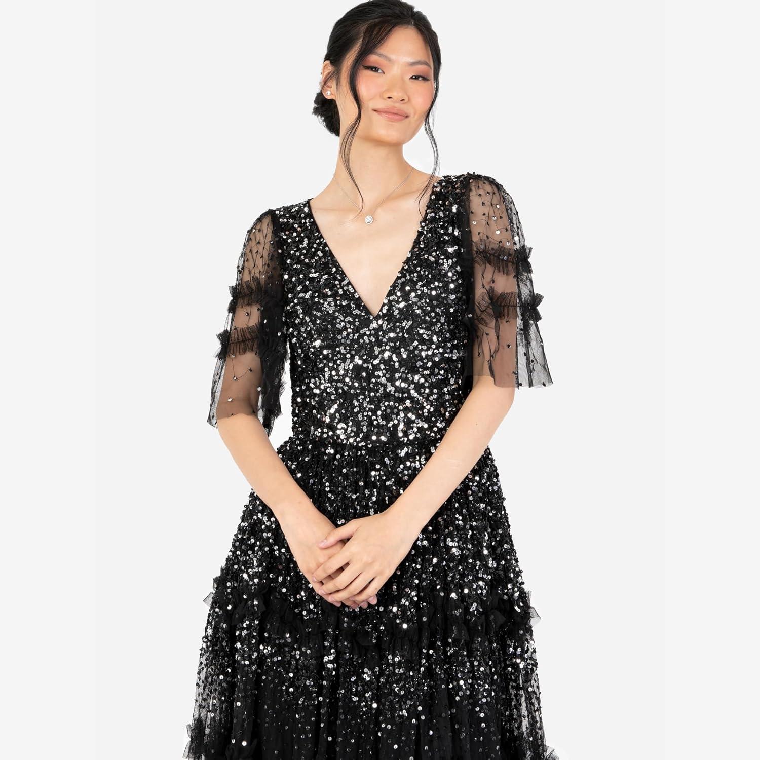 imageMaya Deluxe Womens Maxi Dress Ladies Vnecksequin Embellished Ruffle Detail for Wedding Guest Bridesmaid Prom Occasion Ball Gown FemmeNoir