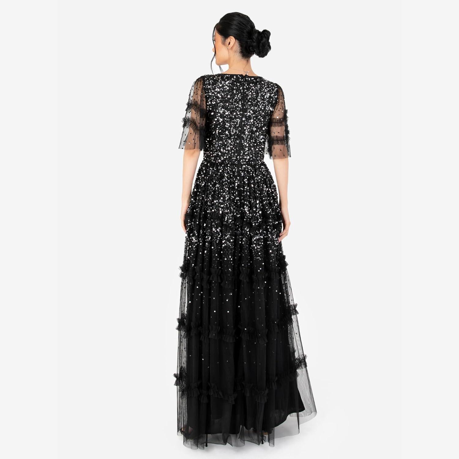 imageMaya Deluxe Womens Maxi Dress Ladies Vnecksequin Embellished Ruffle Detail for Wedding Guest Bridesmaid Prom Occasion Ball Gown FemmeNoir