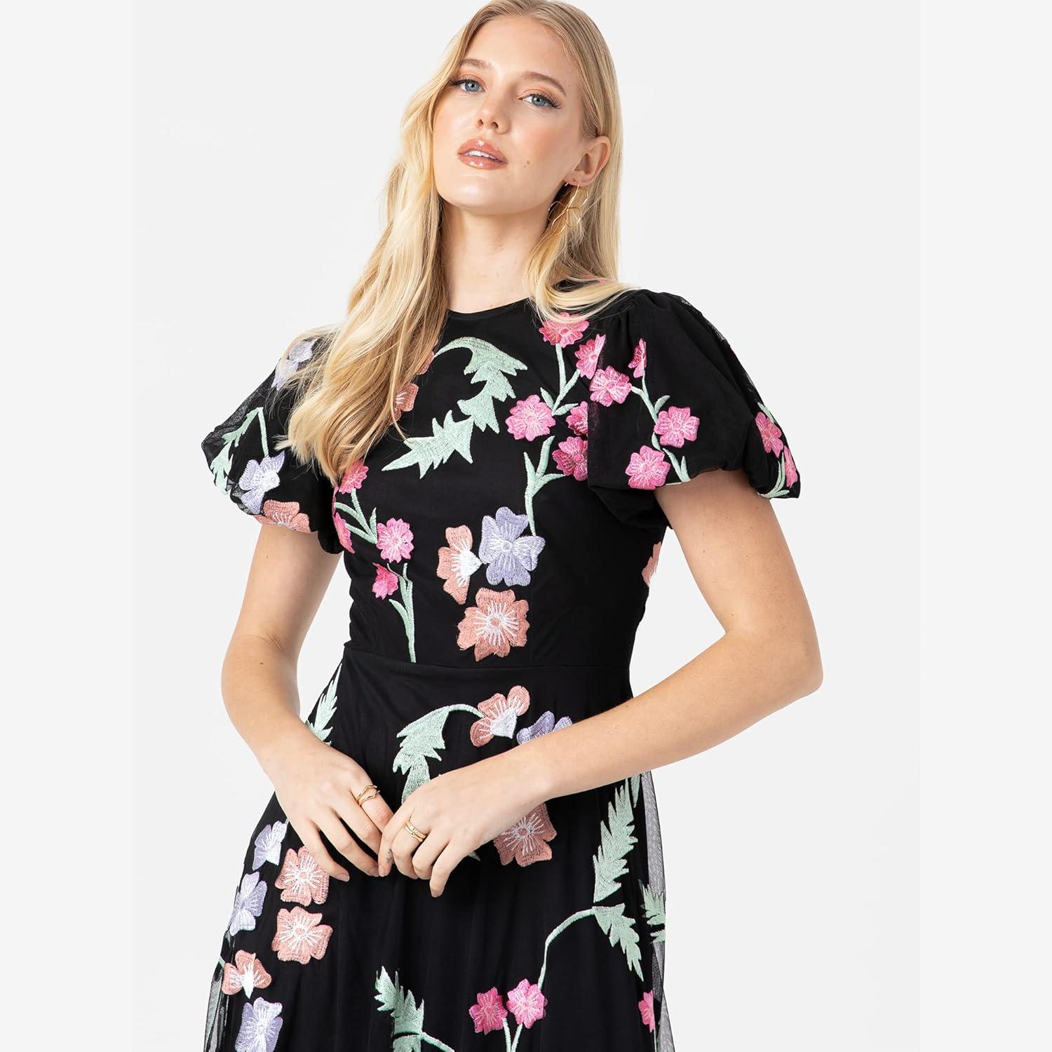 imageMaya Deluxe Womens Maxi Ladies Floral Embroidered Open Back Puff Sleeves Dress for Wedding Guest Bridesmaid Prom Occasion Robe FemmeNoir