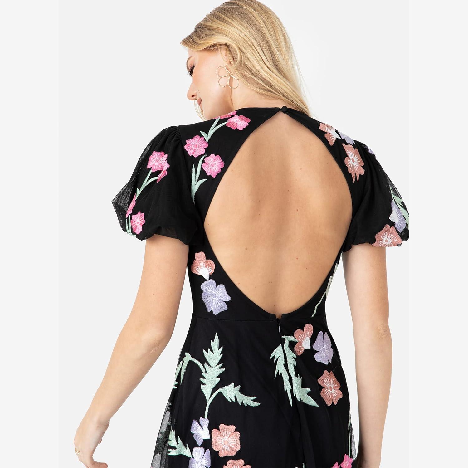 imageMaya Deluxe Womens Maxi Ladies Floral Embroidered Open Back Puff Sleeves Dress for Wedding Guest Bridesmaid Prom Occasion Robe FemmeNoir