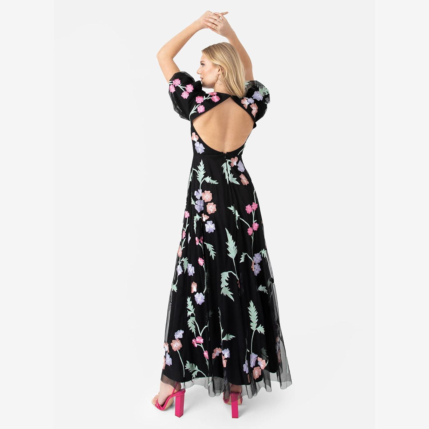 imageMaya Deluxe Womens Maxi Ladies Floral Embroidered Open Back Puff Sleeves Dress for Wedding Guest Bridesmaid Prom Occasion Robe FemmeNoir