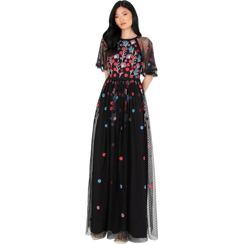imageMaya Deluxe Damen Womens Maxi Ladies Ball Gown for Wedding Guest Short Sleeve Polka Dot Floral Sequin Embellished Prom Occasion DressNoir