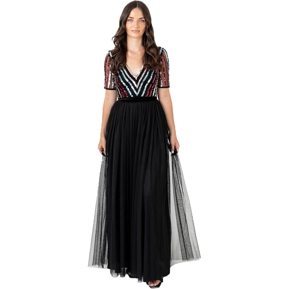 imageMaya Deluxe Maxi Womens Dress Ladies Ball Gown for Wedding Guest Long V Neck Empire Waist Short Sleeve Prom Mesh Black Robe Formelle FemmeNoir