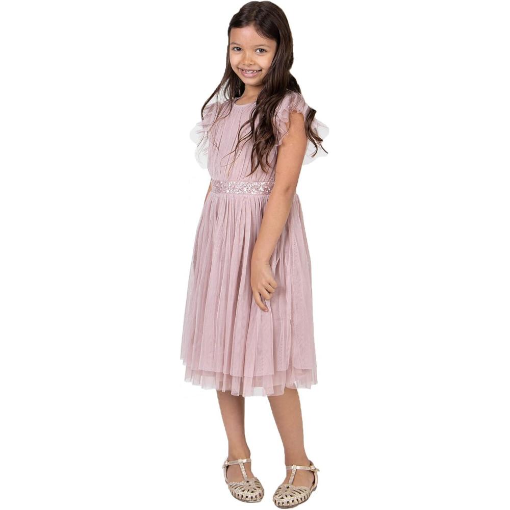 imageMaya Deluxe Midi Dress for Girls Sequins Embellished Birthday Party Frill Short Sleeves Bridesmaids Wedding Robe de Demoiselle dhonneur FilleFrosted Pink