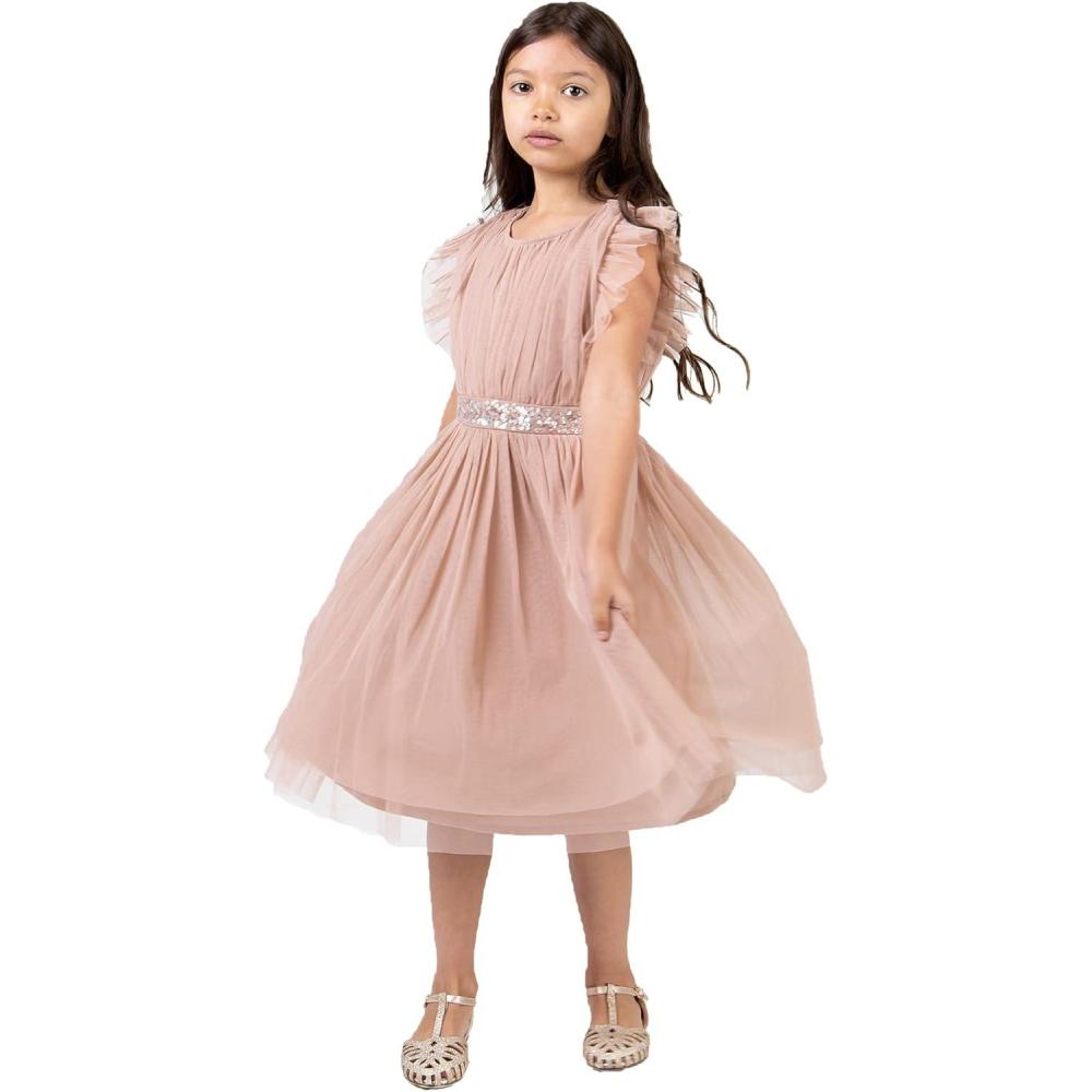 imageMaya Deluxe Midi Dress for Girls Sequins Embellished Birthday Party Frill Short Sleeves Bridesmaids Wedding Robe de Demoiselle dhonneur FilleTaupe Blush