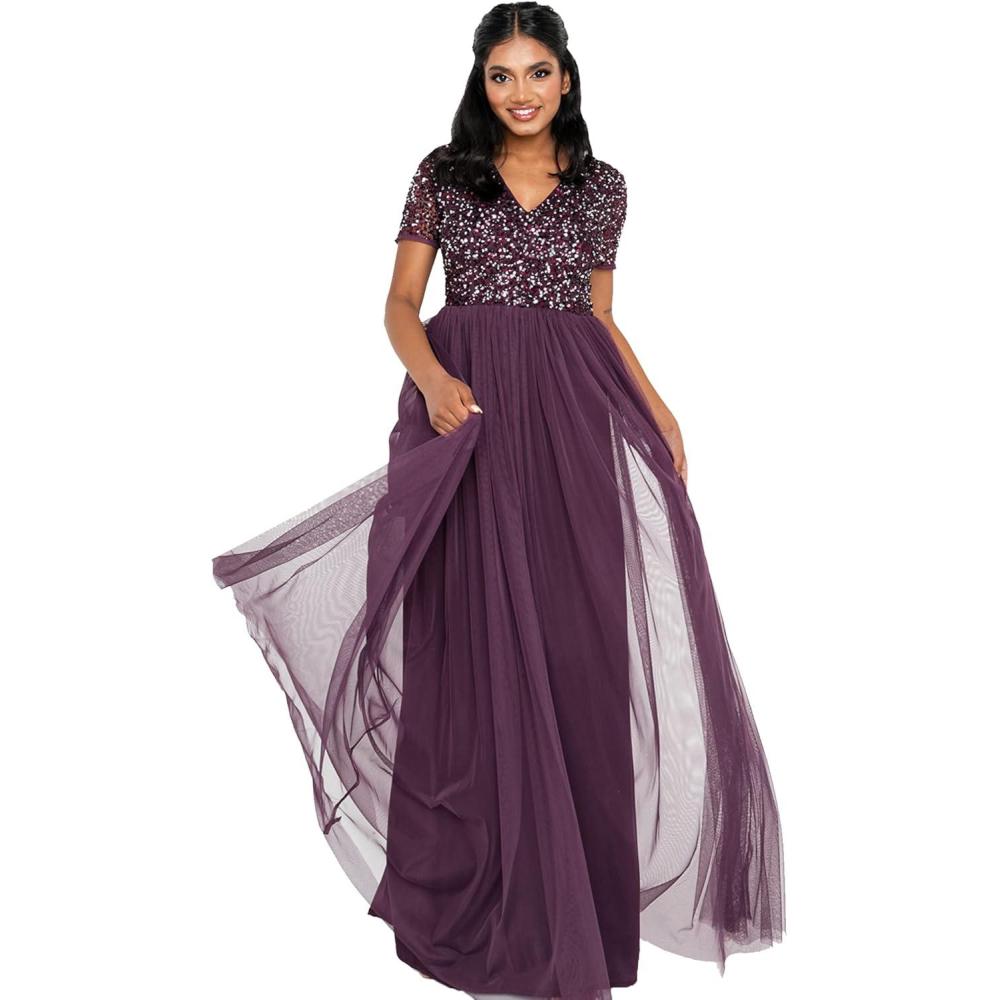 imageMaya Deluxe Robe de Soire Femme Maxi Manches Courtes Taille Empire Robe Demoiselle dhonneur pour Bal MariagesBordeaux