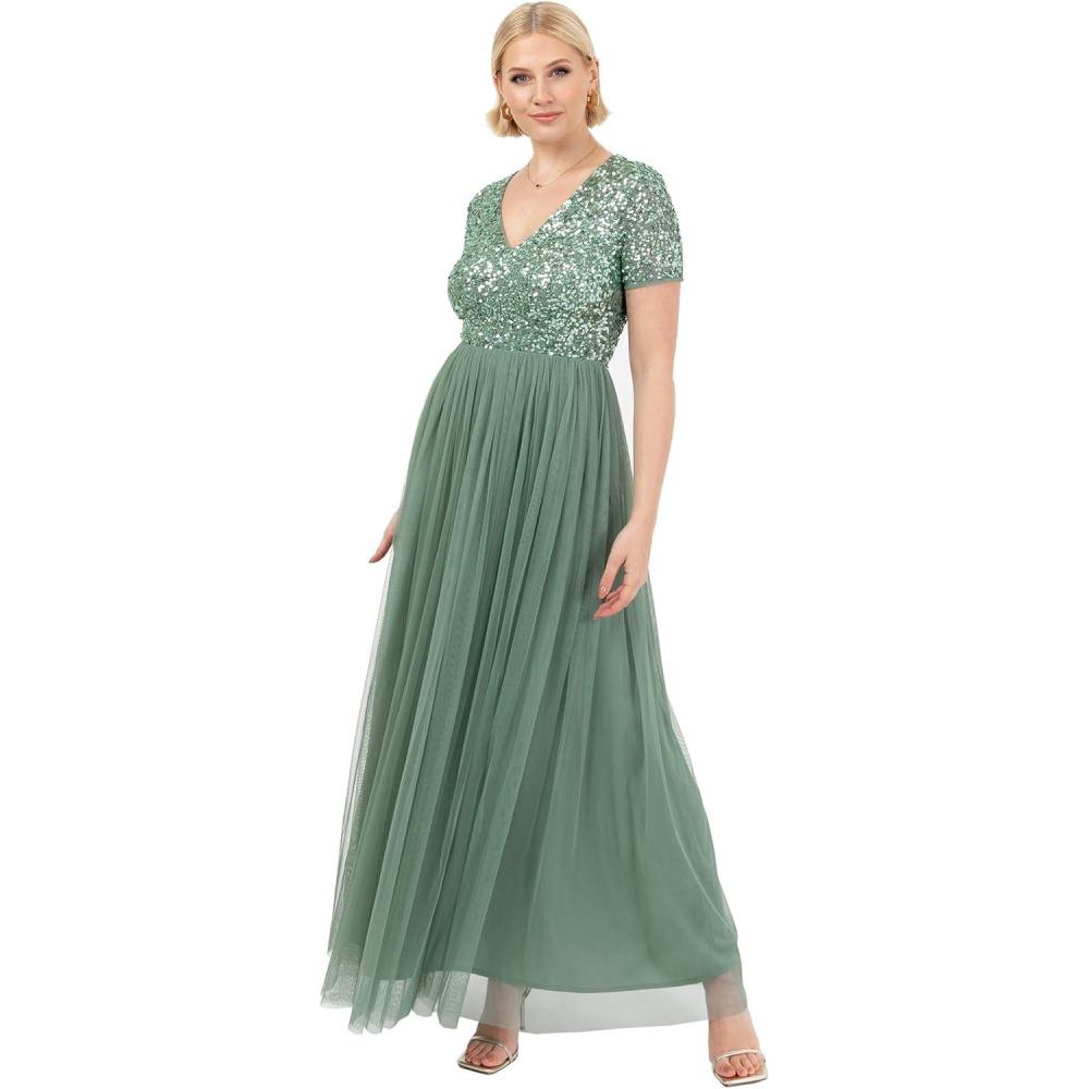 imageMaya Deluxe Robe de Soire Femme Maxi Manches Courtes Taille Empire Robe Demoiselle dhonneur pour Bal MariagesDeep Mint