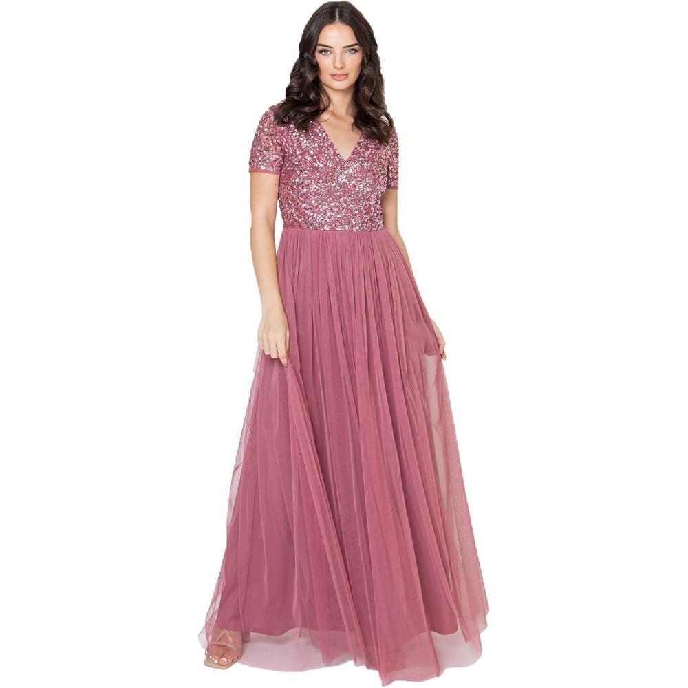imageMaya Deluxe Robe de Soire Femme Maxi Manches Courtes Taille Empire Robe Demoiselle dhonneur pour Bal MariagesDesert Rose