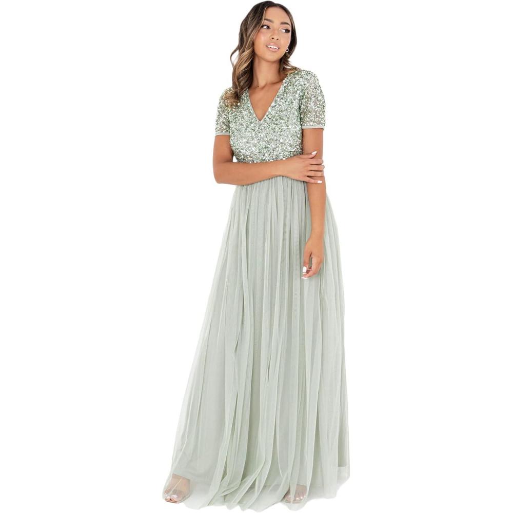 imageMaya Deluxe Robe de Soire Femme Maxi Manches Courtes Taille Empire Robe Demoiselle dhonneur pour Bal MariagesGreen Lilly