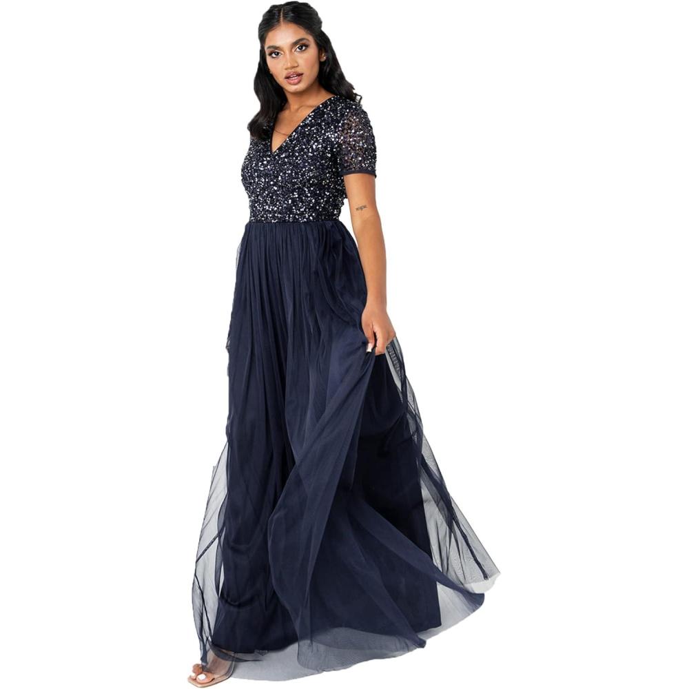 imageMaya Deluxe Robe de Soire Femme Maxi Manches Courtes Taille Empire Robe Demoiselle dhonneur pour Bal MariagesNavy
