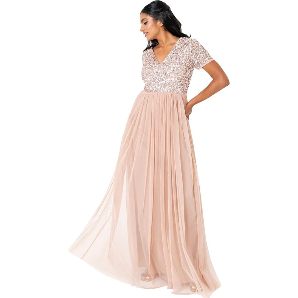 imageMaya Deluxe Robe de Soire Femme Maxi  Manches Courtes Taille Empire Robe Demoiselle dhonneur pour Bal MariagesTaupe