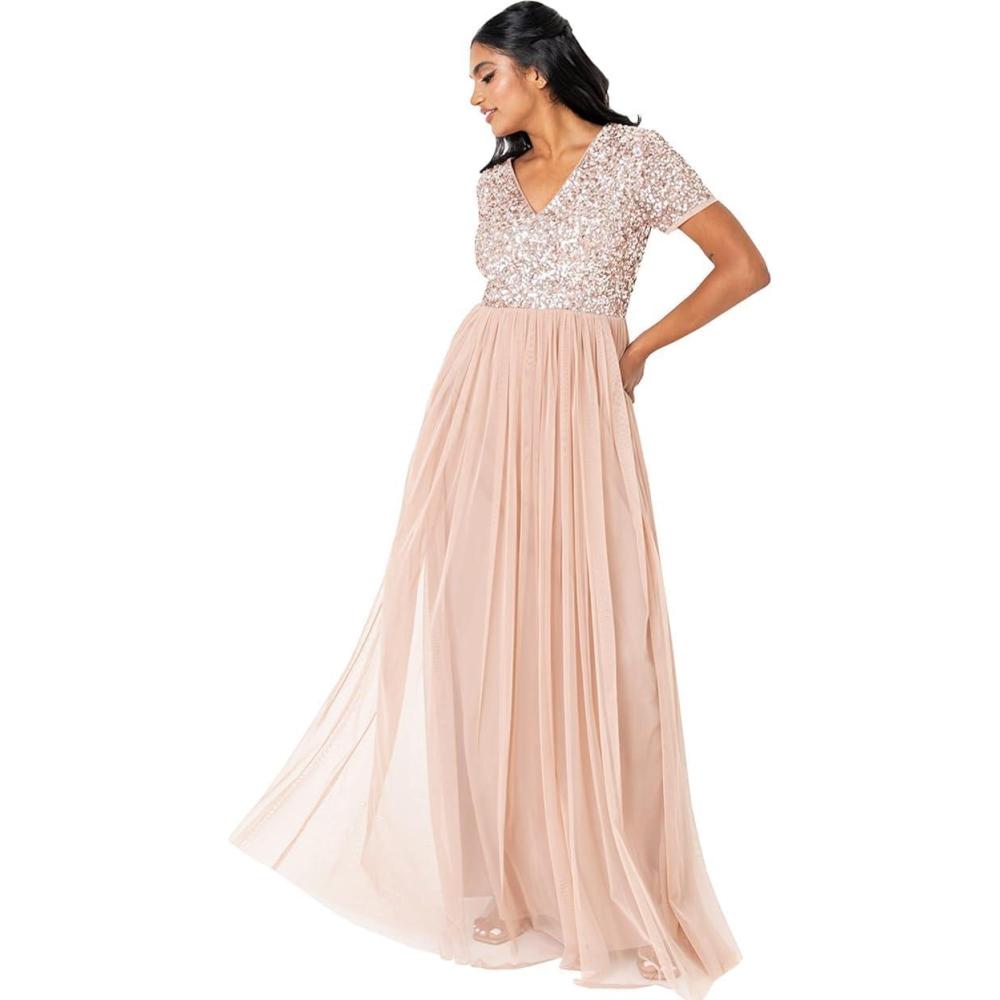 imageMaya Deluxe Robe de Soire Femme Maxi Manches Courtes Taille Empire Robe Demoiselle dhonneur pour Bal MariagesTaupe Blush
