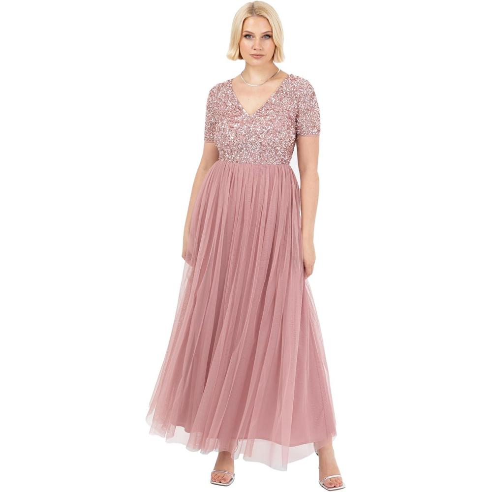 imageMaya Deluxe Robe de Soire Femme Maxi Manches Courtes Taille Empire Robe Demoiselle dhonneur pour Bal MariagesVintage Rose