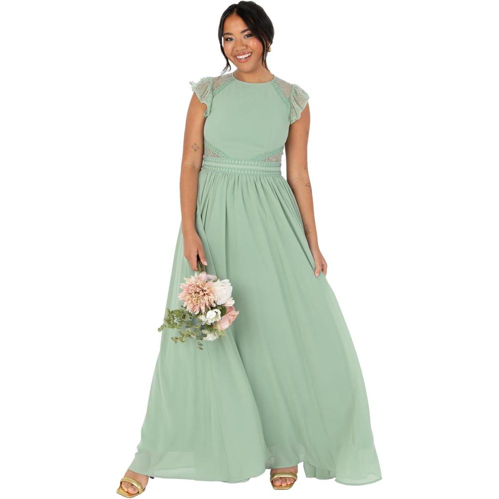 imageMaya Deluxe Womens Ladies Maxi Dress Crew Neckline Short Flutter Sleeve Lace Trim ALine for Wedding Guest Evening Prom Ball Gown Robe Femme Lot de 1Deep Sage