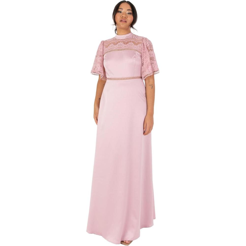imageMaya Deluxe Womens Ladies Maxi Dress Flutter Sleeve Round Neck Lace Trim Satin for Wedding Guest Evening Occasion Prom Ball Gown Robe FemmeBlush Pink
