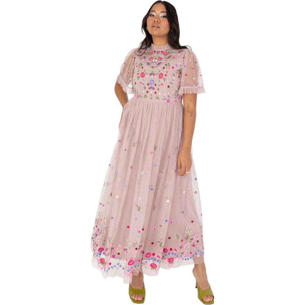 imageMaya Deluxe Womens Ladies Midaxi Dress Short Sleeve Ruffle High Neck Embroidered ALine for Wedding Guest Occasion Prom Ball Gown Robe FemmeFrosted Pink