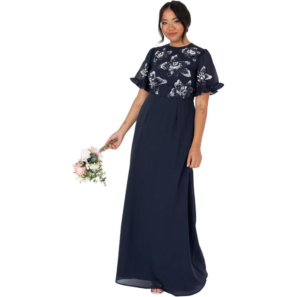 imageMaya Deluxe Womens Maxi Dress Ladies Short Angel Sleeve Round Neck Floral Sequin Embellished ALine for Wedding Guest Ball Gown Robe FemmeNavy Blue