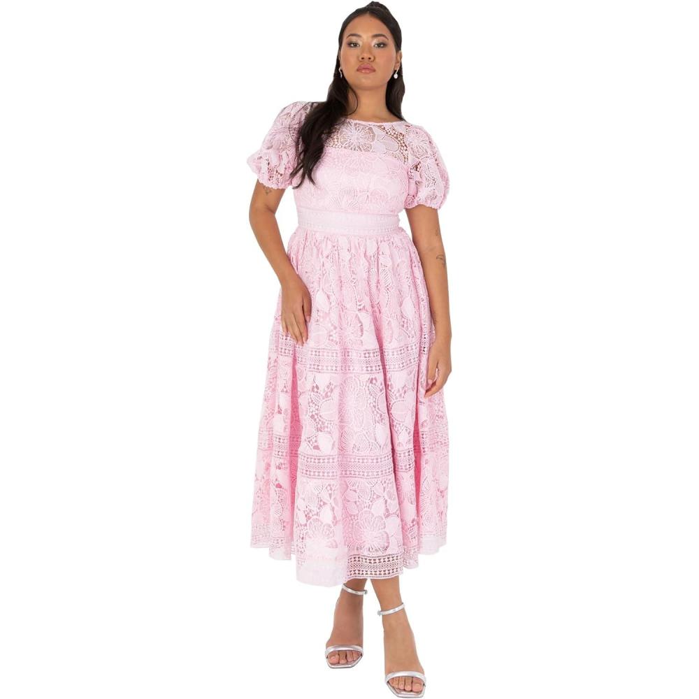 imageMaya Deluxe Womens Midaxi Dress Ladies Floral Lace Round Neck Short Puff Sleeves Laceup Back ALine Wedding Guest Prom Occasion Robe FemmeRose