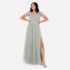 Anaya with Love Women&rsquo;s Maxi Dress Ladies V-Neck Short Sleeve Split Tulle A-Line for Wedding Guest Bridesmaid Evening Occasion Ball Gown Femme(Frosty Green)