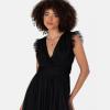 Anaya with Love Women&rsquo;s Maxi Dress Ladies V-Neck Short Sleeve Split Tulle A-Line for Wedding Guest Bridesmaid Evening Occasion Ball Gown Femme(Noir)