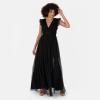 Anaya with Love Women&rsquo;s Maxi Dress Ladies V-Neck Short Sleeve Split Tulle A-Line for Wedding Guest Bridesmaid Evening Occasion Ball Gown Femme(Noir)