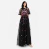 Maya Deluxe Damen Women&rsquo;s Maxi Ladies Ball Gown for Wedding Guest Short Sleeve Polka Dot Floral Sequin Embellished Prom Occasion Dress(Noir)