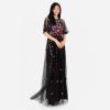 Maya Deluxe Damen Women&rsquo;s Maxi Ladies Ball Gown for Wedding Guest Short Sleeve Polka Dot Floral Sequin Embellished Prom Occasion Dress(Noir)