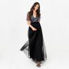 Maya Deluxe Maxi Womens Dress Ladies Ball Gown for Wedding Guest Long V Neck Empire Waist Short Sleeve Prom Mesh Black Robe Formelle Femme(Noir)