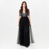 Maya Deluxe Maxi Womens Dress Ladies Ball Gown for Wedding Guest Long V Neck Empire Waist Short Sleeve Prom Mesh Black Robe Formelle Femme(Noir)