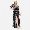 Maya Deluxe Womens Dress for Ladies Maxi Short Sleeve Floral Embellishment Wedding Guest Prom Bridesmaid Elegant Black Robes Femme(Noir)