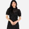 Maya Deluxe Women&rsquo;s Embroidered Dress for Ladies Sequin Embellished Midaxi Floral High Neck Wedding Guest Ball Evening Cocktail Robe Femme(Noir)