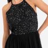 Maya Deluxe Womens Ladies Midi Dress with Halter Neck Tulle for Evening Graduation Prom Wedding Bridesmaids Ball Gown Robe de Demoiselle d&rsquo;honneur Femme(Noir)